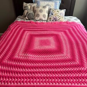 Oversized Hot Pink Handmade Crochet Afghan Blanket with Fringe
